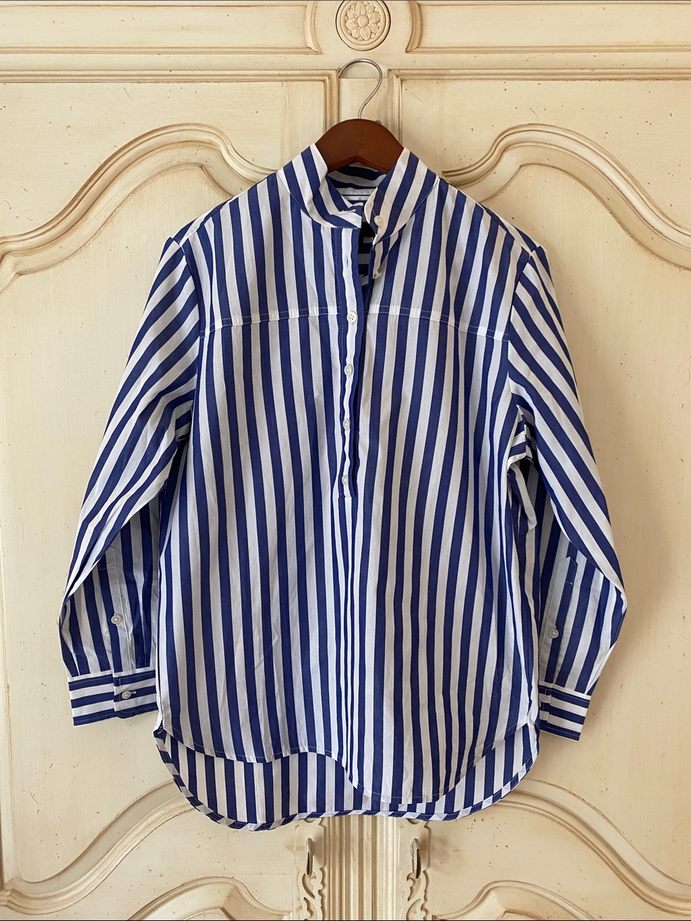 J. Crew Vertical Blue and White Striped Popover Shirt